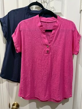 Button front COTTON & LINEN semi-fit shirts 2-Pack--1 PINK & 1 NAVY.  Size small